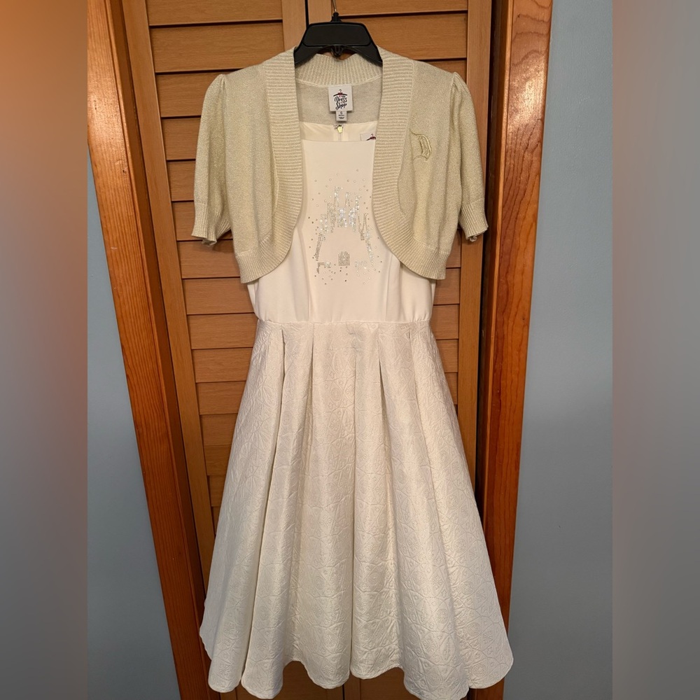 Disney Parks Dress Shop Castle Disneyland Rhinestone White Gold Dress Small RARE